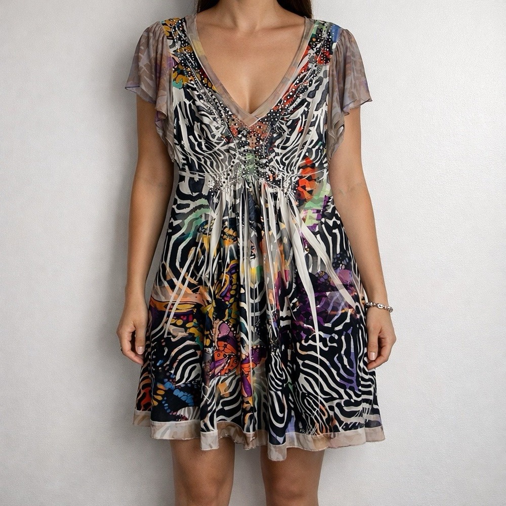 Unity World Wear Women's Butterfly Zebra Print Rhinestone Dress Size M V Neck